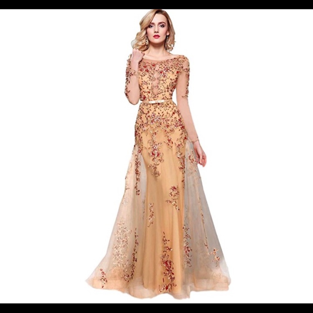🆕Long Sleeve Embroidery Gown-Gold Rose - Picture 1 of 5
